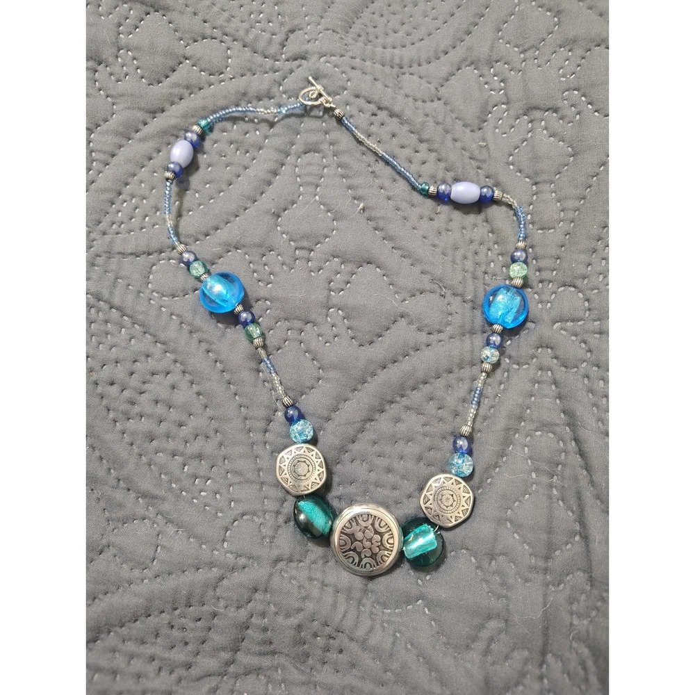 Boho Blue Teal Glass Bead Silver Etched Metal Disc Toggle Clasp Necklace 18 Inch